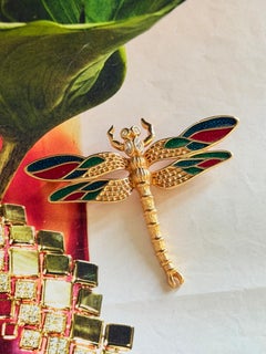Christian Dior Vintage Gold Rare Large Dragonfly Red Blue Green Statement Brooch