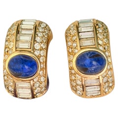 Christian Dior Vintage Gripoix Gold Blue Oval Crystals Hoop Domed Earrings