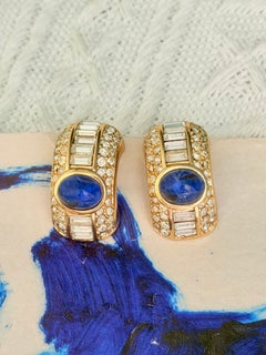 Christian Dior Vintage Gripoix Gold Blue Oval Crystals Hoop Domed Earrings