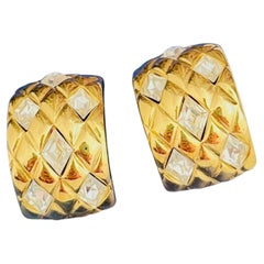 Christian Dior GROSSE Gold Large Matelassé Diamond Crystals Plaid Domed Earrings
