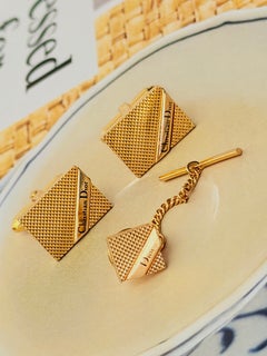 Christian Dior Vintage Gold Iconic Rectangle Square Logo Cufflinks Tie Pin Set