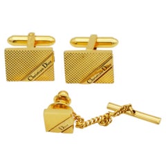 Christian Dior Vintage Gold Iconic Rectangle Square Logo Cufflinks Tie Pin Set