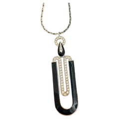 Vintage Unisex Silver Black Onyx Crystals Openwork Long Pendant Necklace