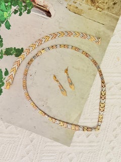 Vintage Gold Pink Silver Riccio Chevron Chain Mesh Woven Tricolour Jewellery Set