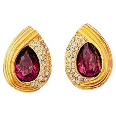 Christian Dior Vintage Gold Amethyst Crystals Leaf Tear Water Drop Earrings
