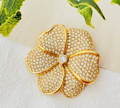Christian Dior Vintage Gold Large Blossom Floral Shining Crystals Chunky Brooch