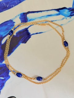 Christian Dior Vintage Gold Iconic Unisex Oval Lapis Blue Stones Long Necklace