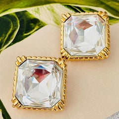 Christian Dior Vintage Large Octagon Crystals Square Gold Statement Earrings