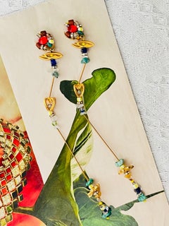 Christian Lacroix Vintage Rare Extra Long Turquoise Lapis Heart Drop Earrings