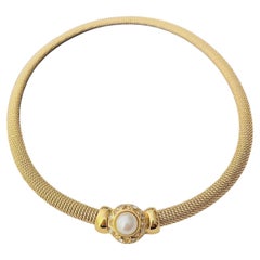 Christian Dior Vintage Gold Pearl Square Crystals Button Mesh Omega Necklace