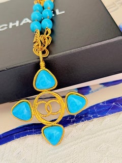 Chanel Vintage 1991 Haute Couture Gripoix Turquoise Cross Pearls Long Necklace