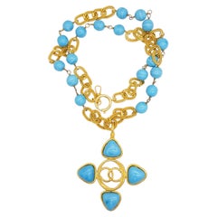 Chanel Vintage 1991 Haute Couture Gripoix Turquoise Cross Pearls Long Necklace