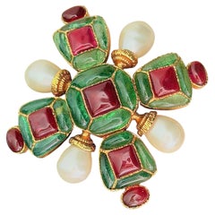Chanel Vintage Maison Gripoix Ruby Emerald Maltese Cross Pearl Brooch Pendant