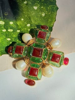 Chanel Vintage Maison Gripoix Ruby Emerald Maltese Cross Pearl Brooch Pendant