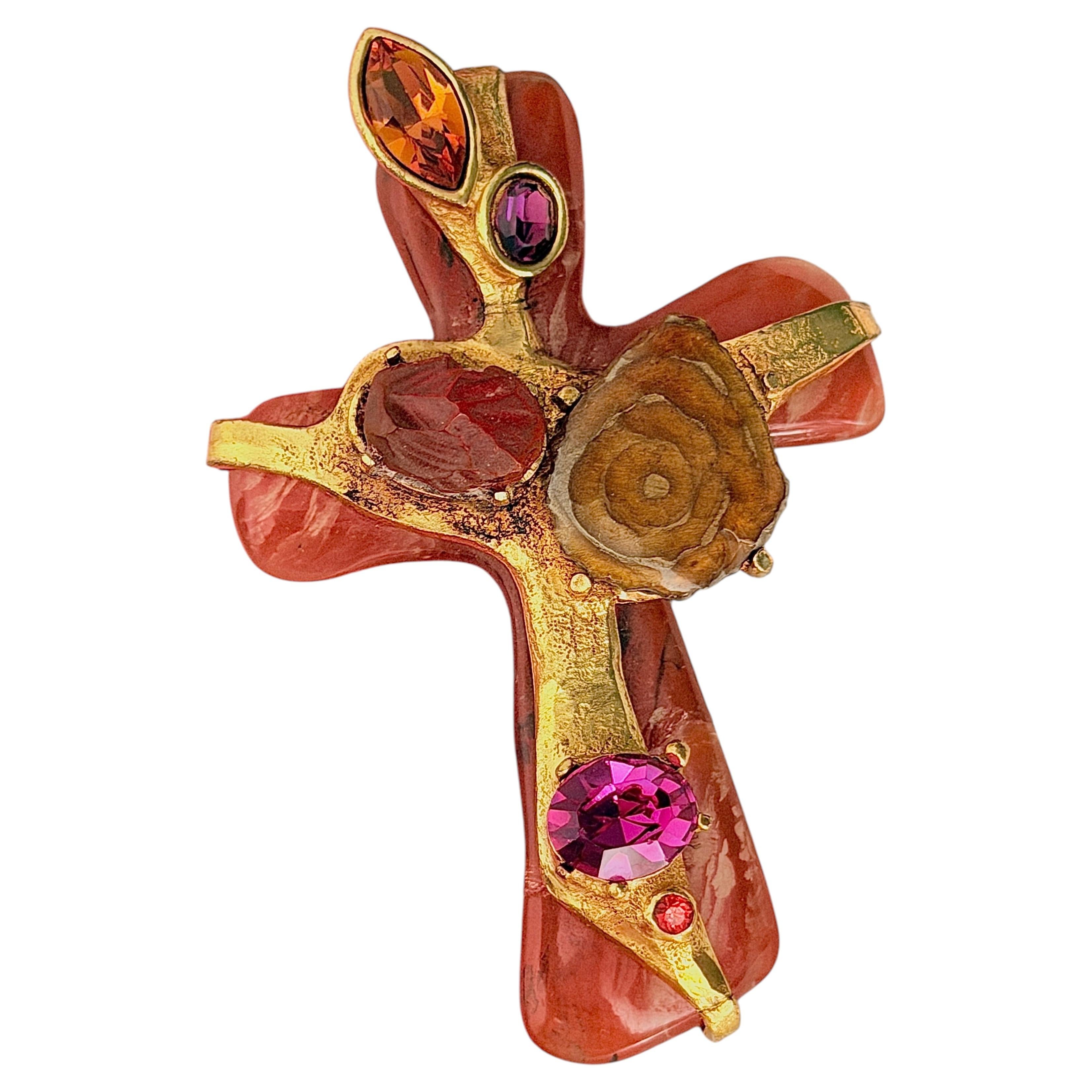 Christian Lacroix Vintage Large Gold Cross Orange Cabochon Statement Brooch For Sale