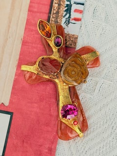 Christian Lacroix Vintage Large Gold Cross Orange Cabochon Statement Brooch