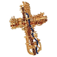 Christian Lacroix Vintage Unisex Iconic Cross Blue Brown Woven Pendant Brooch