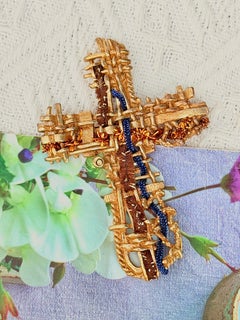 Christian Lacroix Vintage Unisex Iconic Cross Blue Brown Woven Pendant Brooch