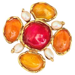 Yves Saint Laurent YSL Haute Couture Iconic Gripoix Ruby Citrine Pearls Pendant