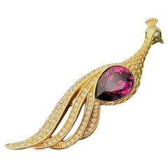 Christian Dior Haute Couture Unisex Rare Peacock Amethyst Long Tail Gold Brooch