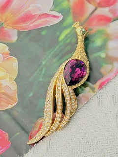 Christian Dior Haute Couture Unisex Rare Peacock Amethyst Long Tail Gold Brooch