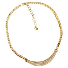Christian Dior Vintage Iconic Unisex Gold Crescent Crystals Pendant Necklace