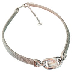 Christian Dior Vintage Iconic Silver Large Rectangle Crystal Link Omega Necklace