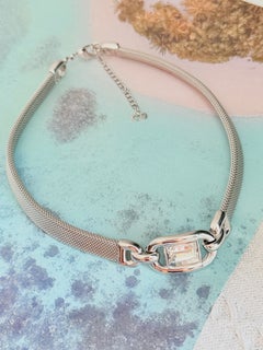 Christian Dior Vintage Iconic Silver Large Rectangle Crystal Link Omega Necklace