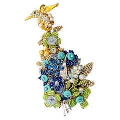 Stanley Hagler Vintage Huge Vivid Trembled Hummingbird Pearls Blue Green Brooch