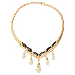 Christian Dior Vintage Iconic Gold Pearls Black Tassel Drop Mesh Necklace