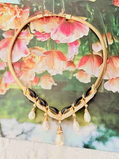 Christian Dior Vintage Iconic Gold Pearls Black Tassel Drop Mesh Necklace