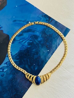 Christian Dior Vintage Large Iconic Rare Oval Lapis Blue Cabochon Gold Necklace