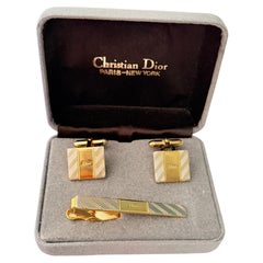 Christian Dior Vintage Iconic Boxed Gold Silver Rectangle Cufflinks Tie Clip Set