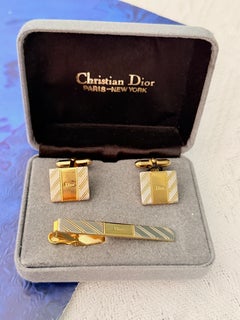 Christian Dior Vintage Iconic Boxed Gold Silver Rectangle Cufflinks Tie Clip Set
