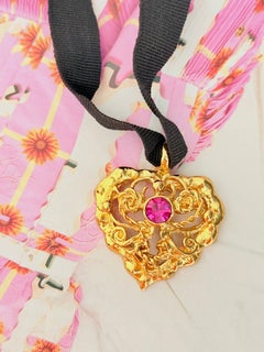Christian Lacroix Vintage Iconic Gold Fuchsia Rose Crystal Black Choker Necklace