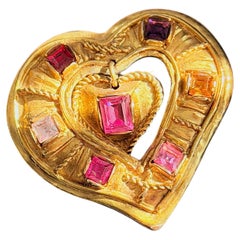 Christian Lacroix Noel 1992 Iconic Heart Drop Ruby Fuchsia Gold Pendant Brooch