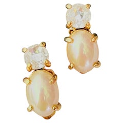 Christian Dior Vintage Iconic Pearl Crystals White Oval Drop Circle Earrings