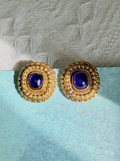 Chanel Vintage 1970s Gripoix Rare Iconic Gold Sapphire Navy Glass Oval Earrings