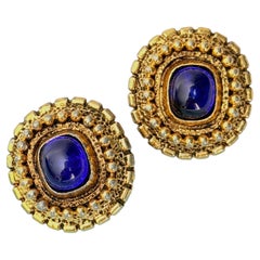 Chanel Vintage 1970s Gripoix Rare Iconic Gold Sapphire Navy Glass Oval Earrings