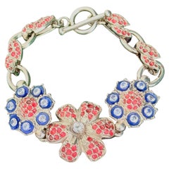 Christian Lacroix Vintage Rare Iconic Silver Pink Blue Blossom Link Bracelet