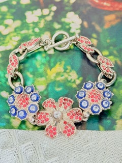 Christian Lacroix Vintage Rare Iconic Silver Pink Blue Blossom Link Bracelet