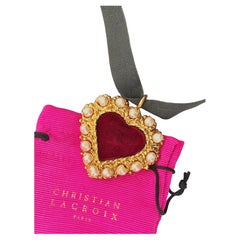 Christian Lacroix Vintage Iconic Rare Gold Velvet Burgundy Pearls Heart Necklace