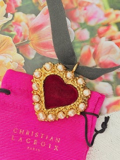 Christian Lacroix Vintage Iconic Rare Gold Velvet Burgundy Pearls Heart Necklace