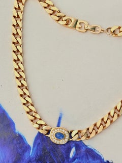 Christian Dior GROSSE Gripoix Gold Blue Sapphire Oval Cuban Omega Link Necklace
