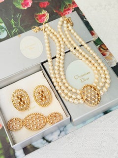 Christian Dior Haute Couture Opulent White Pearls Layer Oval Mesh Gold 3 Set