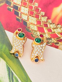 Christian Dior Vintage Iconic Gripoix Rare Ruby Emerald Sapphire Gold Earrings