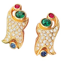 Christian Dior Vintage Iconic Gripoix Rare Ruby Emerald Sapphire Gold Earrings
