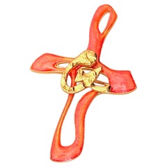 Christian Lacroix Iconic Rare Gold Cross Orange Enamel Drop Logo Pendant Brooch