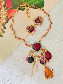 Christian Lacroix Iconic Rare Turquoise Ruby Citrine Pink Heart Tassel 2 Set