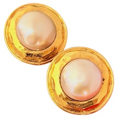 Chanel Vintage Iconic Rare Gold Large Hammered White Pearl Round Circle Earrings